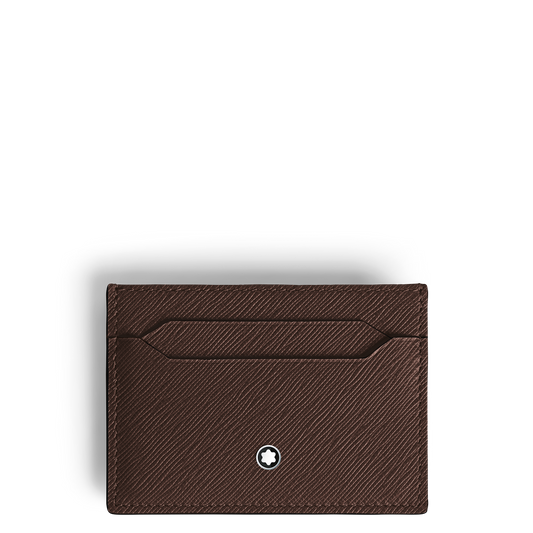 The Montblanc Sartorial 5CC Leather Card Holder is a brown embossed leather card holder with two card slots and the Montblanc star emblem centered at the bottom.