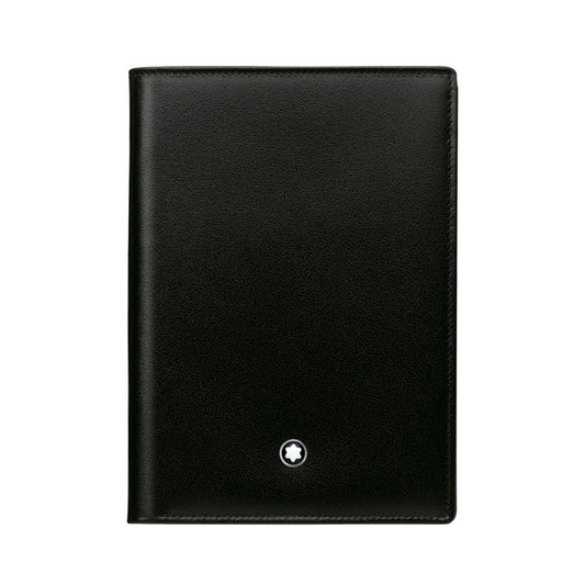 A Montblanc Meisterstuck leather wallet made of black full-grain cowhide, featuring a sleek and smooth surface with a small white circular emblem displaying an intricate design near the bottom.