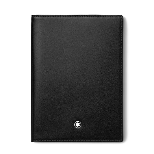 The Montblanc Meisterstück Black Leather Passport Holder features a polished surface made from full-grain cowhide, adorned with a small white Montblanc star emblem at the bottom center. This sleek design is smooth and free of any additional text or designs.
