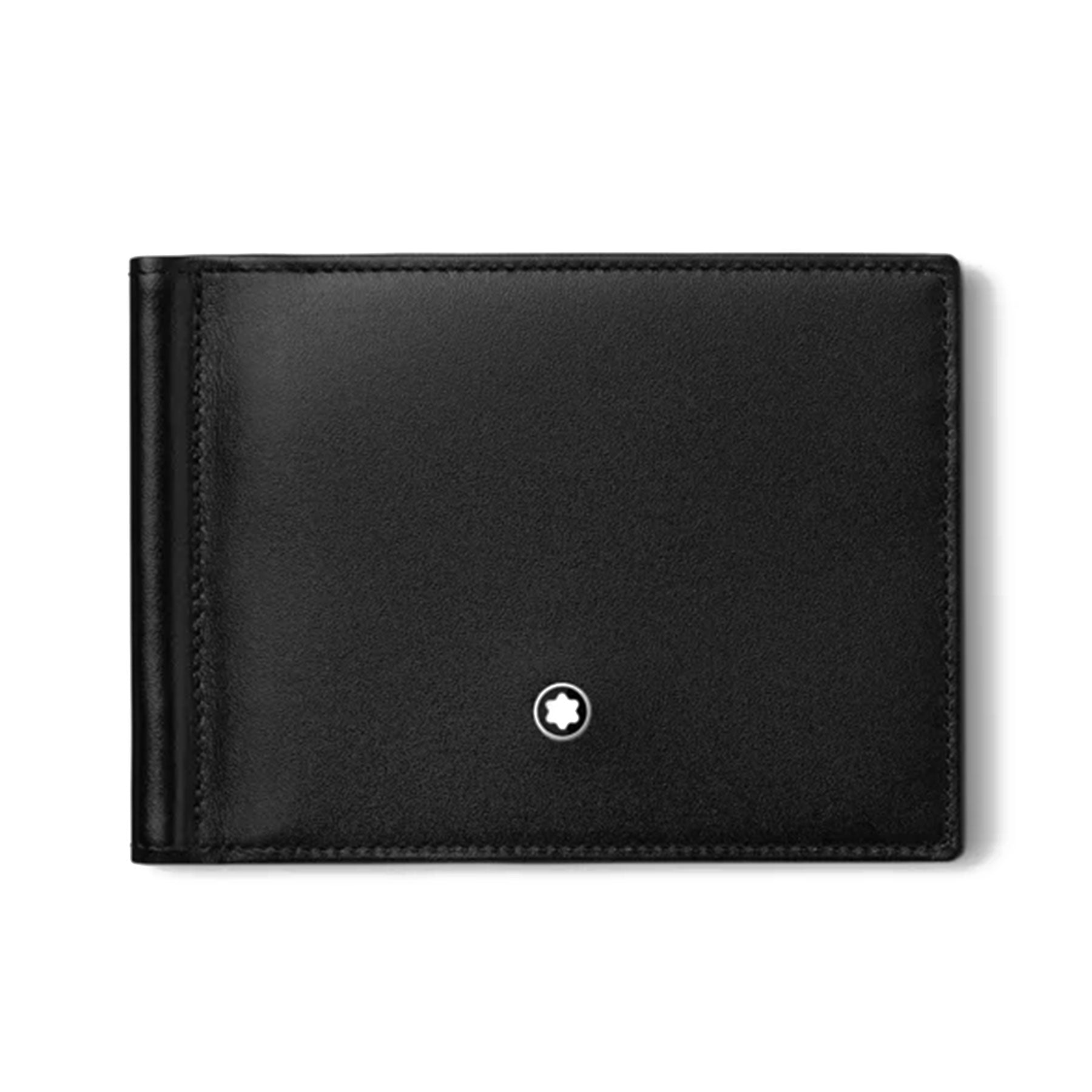 The Montblanc Meisterstück Black Leather Wallet, crafted from full-grain cowhide, features a minimalist design with a subtle round logo in the lower right corner. This stylish black leather accessory combines sleek aesthetics with an efficient money clip mechanism for enhanced functionality.