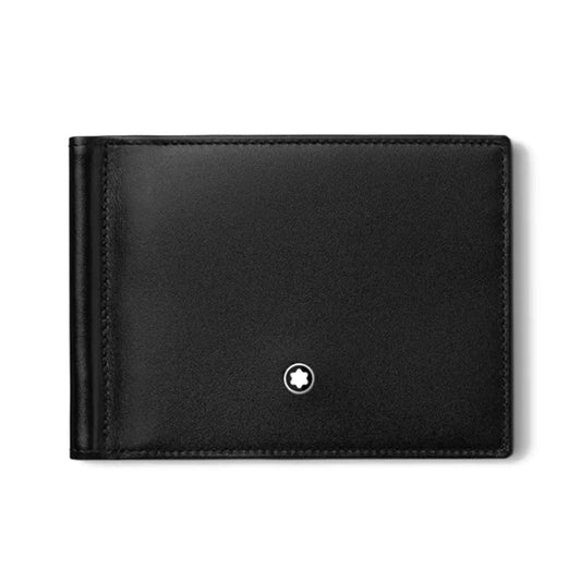The Montblanc Meisterstück Black Leather Wallet, crafted from full-grain cowhide, features a minimalist design with a subtle round logo in the lower right corner. This stylish black leather accessory combines sleek aesthetics with an efficient money clip mechanism for enhanced functionality.