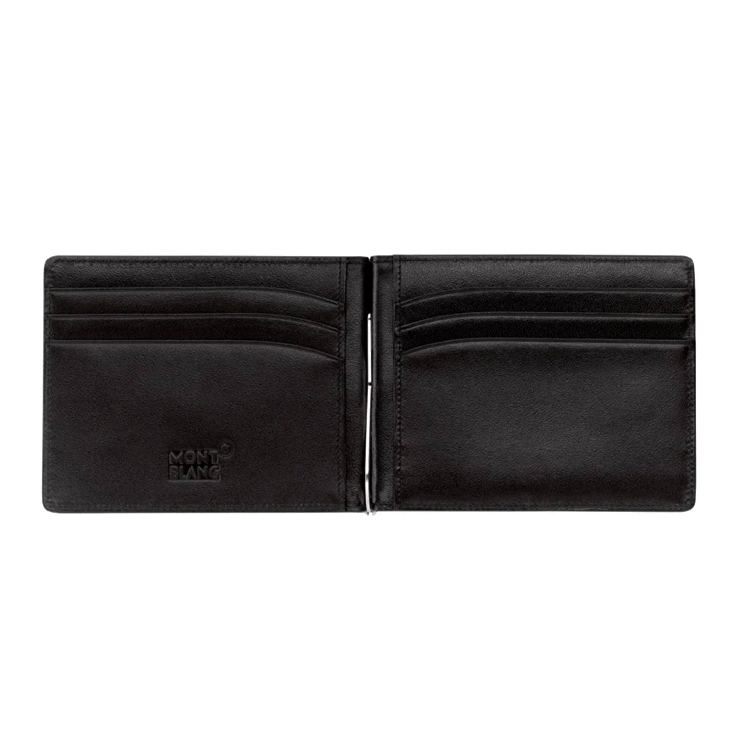 The Montblanc Meisterstück Black Leather Wallet is made from full-grain cowhide and features multiple card slots and a central money clip. The iconic "Montblanc" logo is elegantly embossed on the left side. The wallet is photographed against a plain white background.