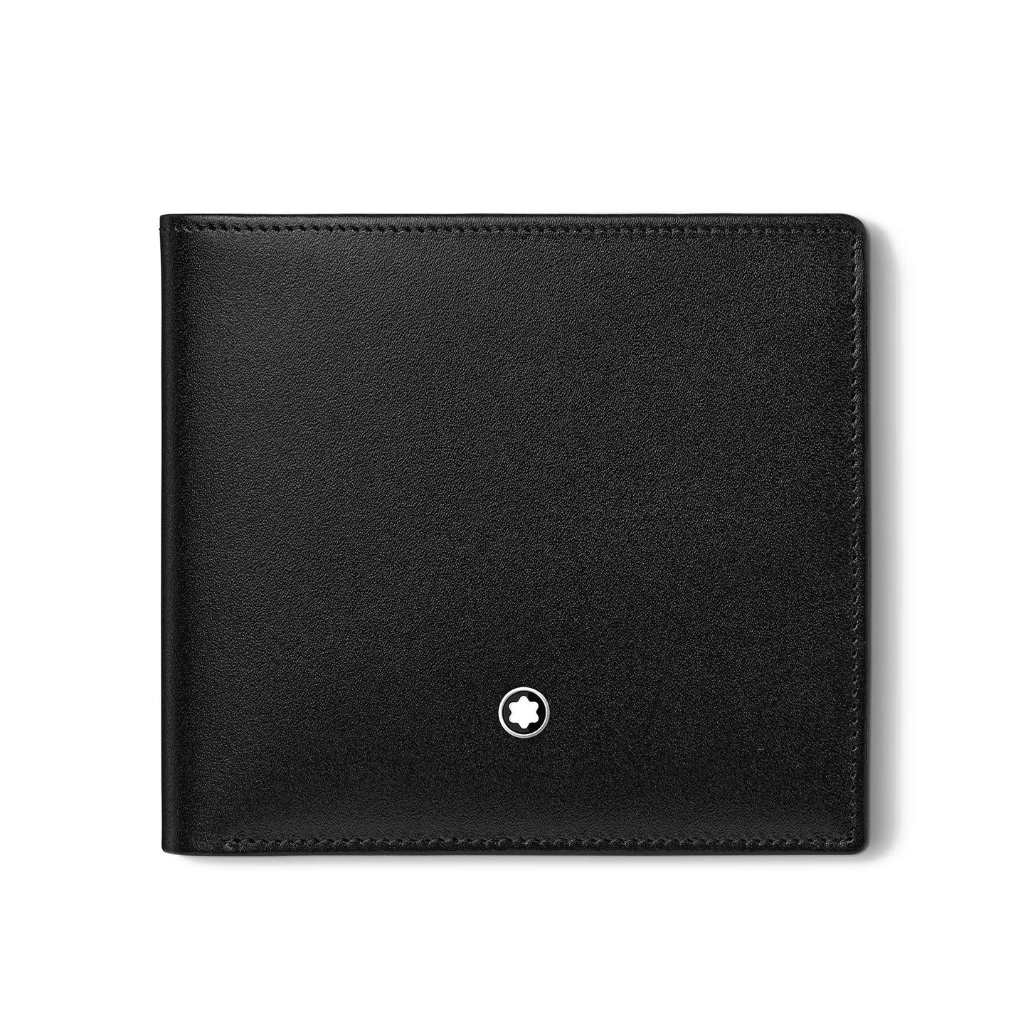 The Montblanc Meisterstuck 8cc Leather Wallet, made from European full-grain cowhide, showcases a smooth texture and is adorned with Montblanc’s iconic small, circular white logo featuring a star in the center on the lower right corner. The wallet is displayed closed and centered against a plain white background.