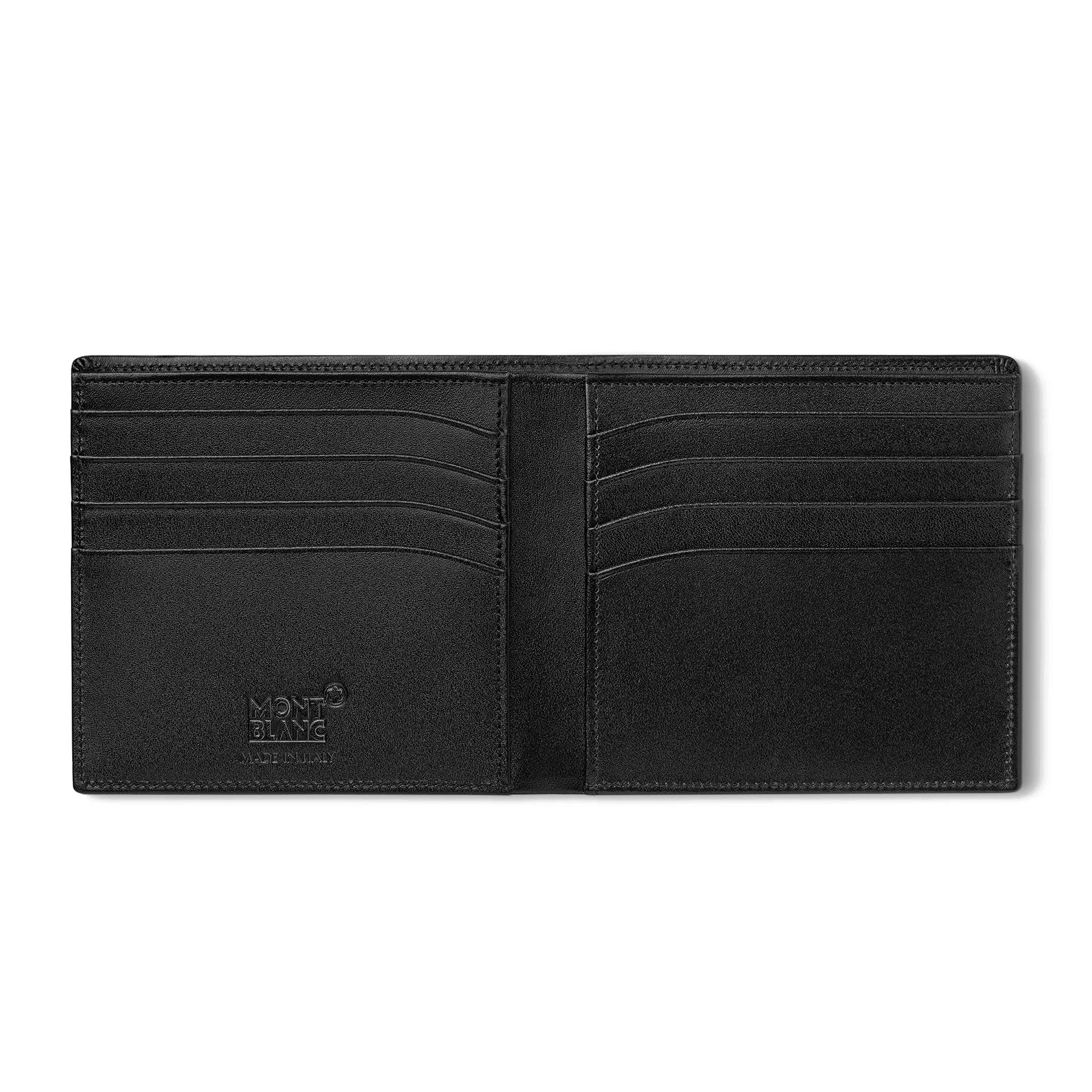 The Montblanc Meisterstuck 8cc Leather Wallet, crafted from European full-grain cowhide, reveals its interior. It features multiple card slots on each side and a subtle logo embossed near the bottom left corner, combining elegance and practicality with convenient credit card pockets.