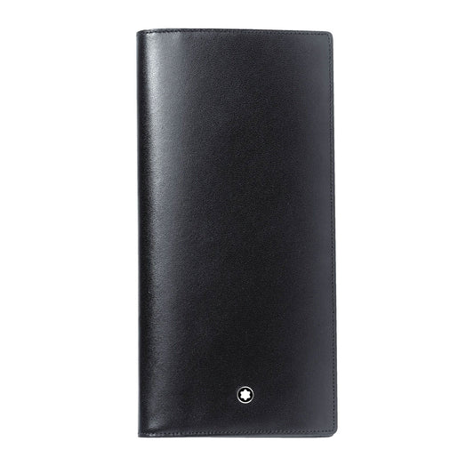 A sleek and tall Montblanc Meisterstück 14cc Leather wallet, crafted from black cowhide with a smooth texture and featuring the iconic Montblanc emblem near the bottom edge, showcases multiple credit card pockets against a plain white background.
