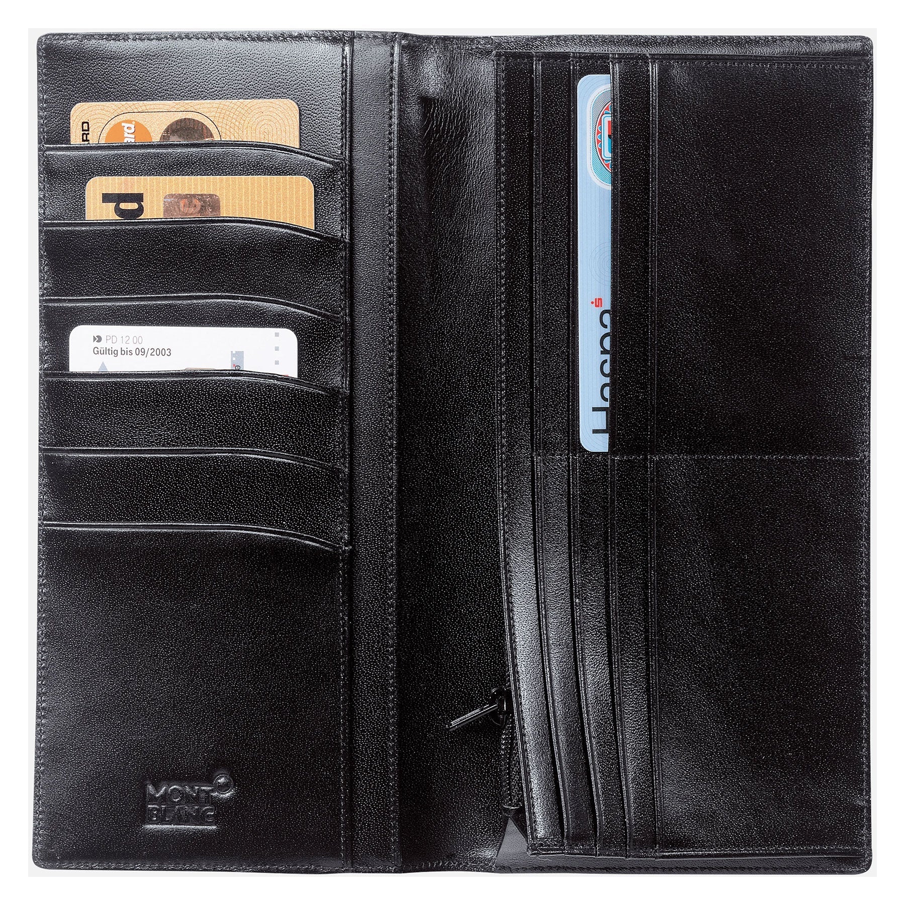 The Montblanc Meisterstuck 14cc Leather wallet, crafted from black cowhide, is open to reveal multiple credit card slots on the left side, each securely holding cards. On the right side, there are organized sections for documents or bills. At the bottom left corner, a subtle Montblanc emblem is embossed into the leather.