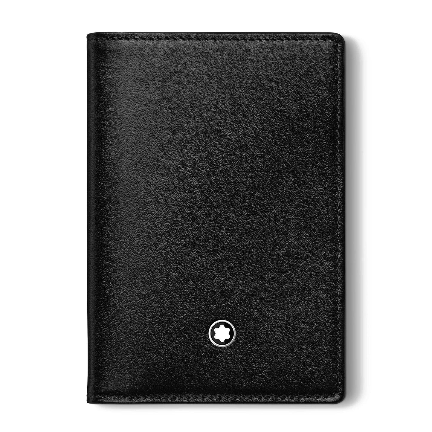The Montblanc Meisterstück Leather Business Card Holder, crafted from European full-grain cowhide, features a sleek design with a subtle Montblanc emblem embossed near the bottom. This minimalist accessory boasts a smooth texture, ideal for those who appreciate understated elegance.