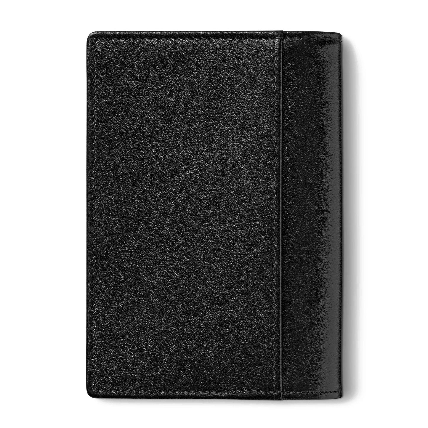 The Montblanc Meisterstuck Leather Business Card Holder, crafted from European full-grain cowhide, is showcased against a white background. This black leather accessory features a simple and sleek design with clean lines and a smooth texture, offering the practical convenience of holding business cards.