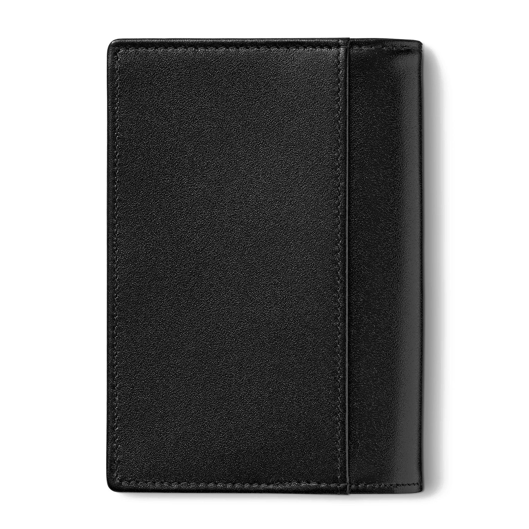 The Montblanc Meisterstuck Leather Business Card Holder, crafted from European full-grain cowhide, is showcased against a white background. This black leather accessory features a simple and sleek design with clean lines and a smooth texture, offering the practical convenience of holding business cards.
