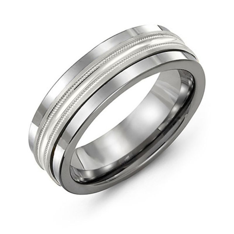 The Madani Concave Polish Center Tungsten and 10K White Gold Wedding Band features a sleek silver metallic finish, highlighted by two parallel, textured grooves encircling its 7mm concave polished band. Its milgrain engraving provides an elegant decorative touch to the overall simple yet sophisticated design.