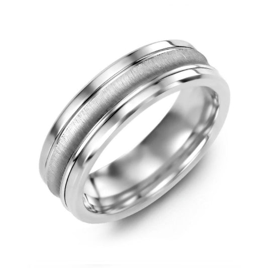 The Madani Concave Brush Polish Edges Cobalt and 10K White Gold Wedding Band showcases a polished cobalt band with a central brushed texture, complemented by two gleaming grooves on either side. This elegant 7mm wedding band is set against a white background, exuding modern charm.