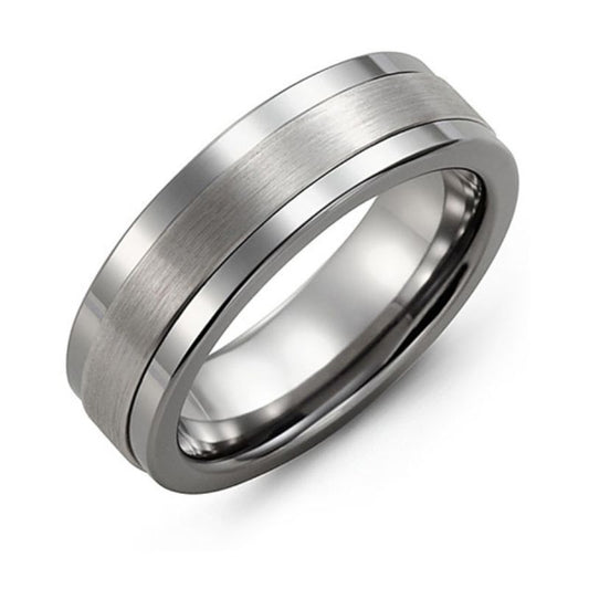 Introducing the Madani Plain Satin Finish Tungsten and 10K White Gold Wedding Band, a sleek and modern creation from Madani. This exquisite piece features a brushed satin finish contrasted by a polished inner surface, showcased elegantly against a plain white background.