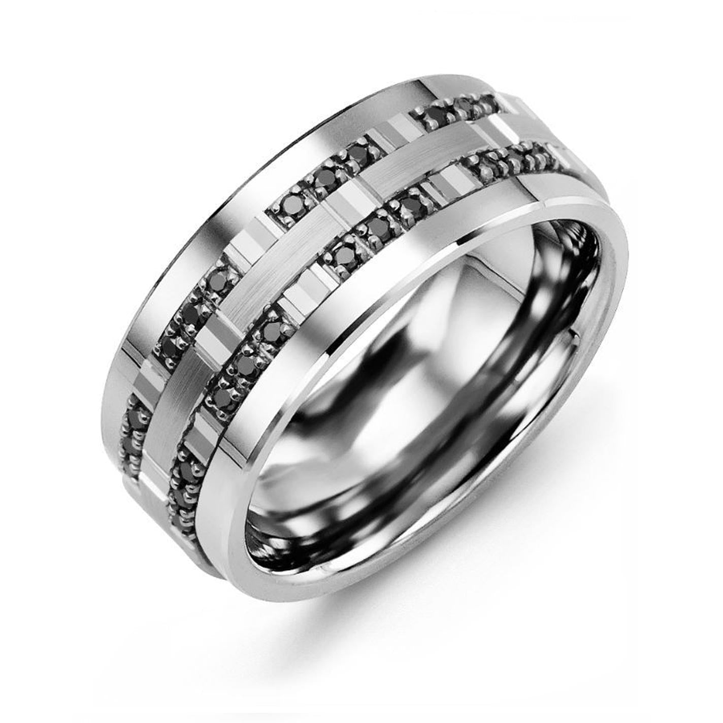 Introducing the Madani Tungsten and 10K White Gold Outer Trio Round Brilliant Black Diamond Wedding Band, featuring a sleek silver design with two black textured bands running parallel through its center, beautifully capturing light against a white backdrop.