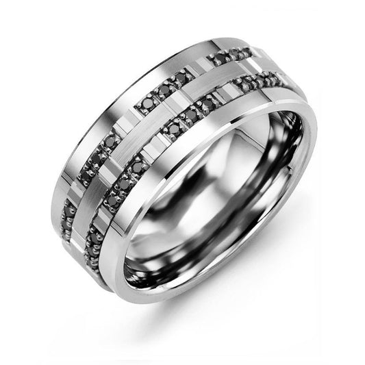 Introducing the Madani Tungsten and 10K White Gold Outer Trio Round Brilliant Black Diamond Wedding Band, featuring a sleek silver design with two black textured bands running parallel through its center, beautifully capturing light against a white backdrop.