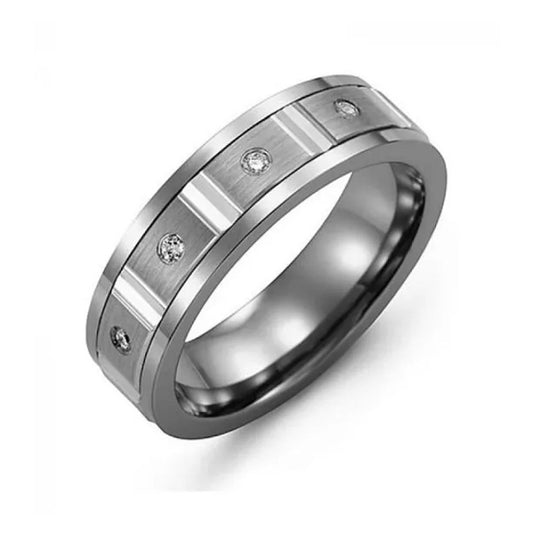 Introducing the Madani Tungsten and 10K White Gold Round Diamond Wedding Band: This elegant piece showcases a brushed center in a sleek white gold finish, perfectly accented with small round diamonds evenly encircling the band. The stunning diamond wedding band is beautifully displayed against a plain white background, emphasizing its exquisite design.