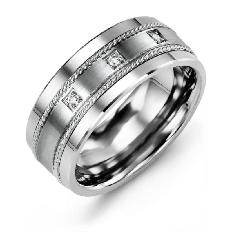 Introducing the Madani Tungsten and 10K White Gold Wedding Band, featuring a polished finish with four round brilliant diamonds aligned gracefully. Crafted in 10k white gold, this ring is adorned with intricate rope detailing along its edges, adding texture and elegance to its design.