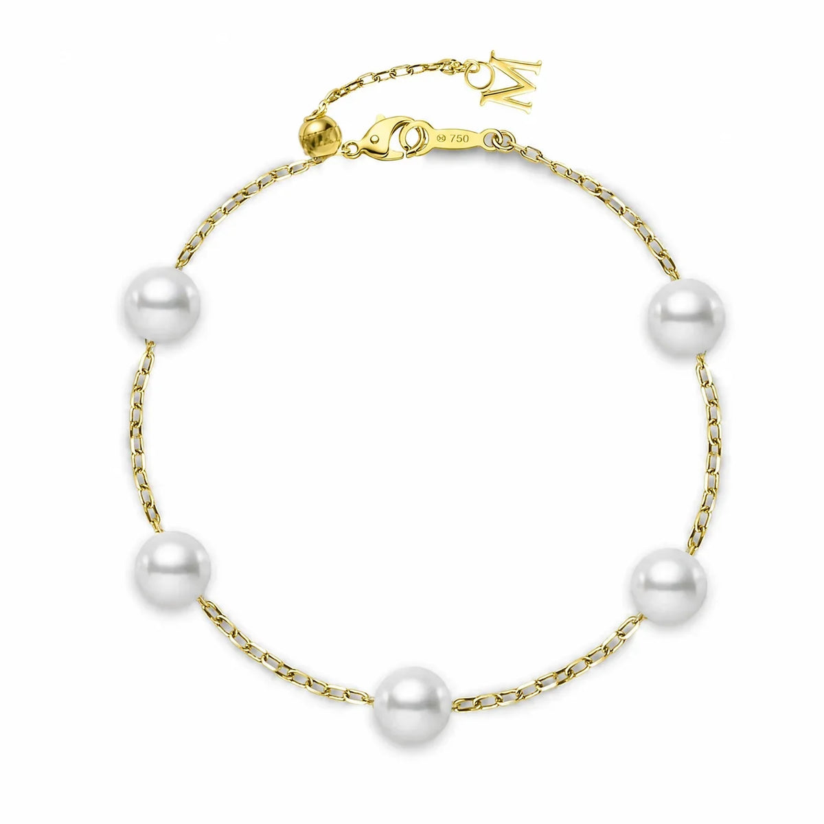 The Mikimoto 18K Yellow Gold Akoya Cultured Pearl Station Bracelet by Mikimoto showcases five evenly spaced Akoya cultured pearls set on an 18K yellow gold chain with a lobster clasp closure, displayed on a white background.