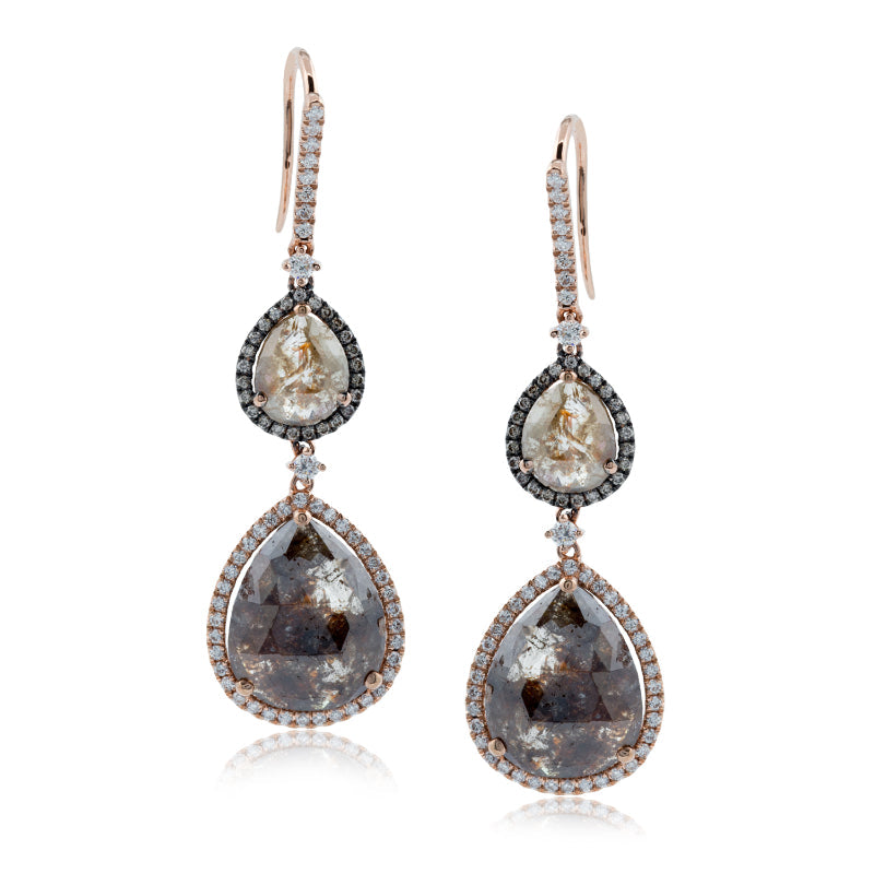 The Simon G. 18K Rose Gold Diamond Drop Earrings feature elegant teardrop-shaped stones with a marbled texture, surrounded by small, sparkling gems. With a sophisticated hook design and an 18 Karat Rose Gold finish, they are perfect for any occasion and exude the timeless charm of Simon G.
