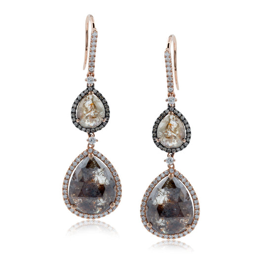 The Simon G. 18K Rose Gold Diamond Drop Earrings feature elegant teardrop-shaped stones with a marbled texture, surrounded by small, sparkling gems. With a sophisticated hook design and an 18 Karat Rose Gold finish, they are perfect for any occasion and exude the timeless charm of Simon G.