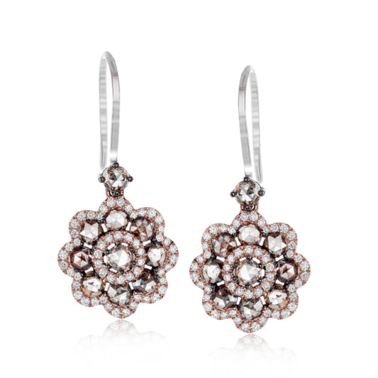 These exquisite Simon G. 18K White and Rose Gold Diamond Drop Earrings feature a floral design with petals embellished with sparkling brown and clear gemstones, creating a layered, shimmering effect. With their hook-style clasps, these earrings embody elegance akin to the renowned Simon G. brand.