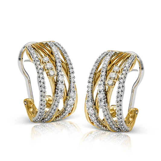 Introducing the Simon G. 18K Yellow and White Gold Diamond Hoop Earrings: a pair of elegant earrings featuring an intertwined two-tone design with yellow and white gold strands, adorned with sparkling white diamonds. The design beautifully blends these metals to create a luxurious and intricate pattern.
