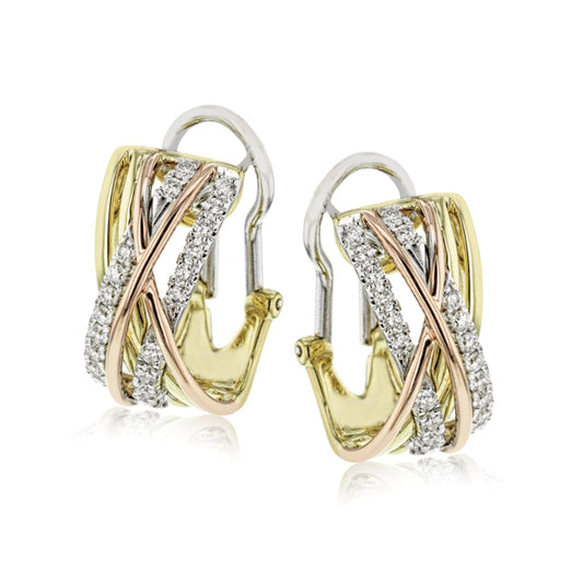 The Simon G. 18K Multi-Colour Gold Diamond Earrings showcase a sophisticated design of intertwined bands in yellow, white, and rose gold, accented with rows of sparkling diamonds. These luxurious earrings by Simon G are ideal for formal occasions.