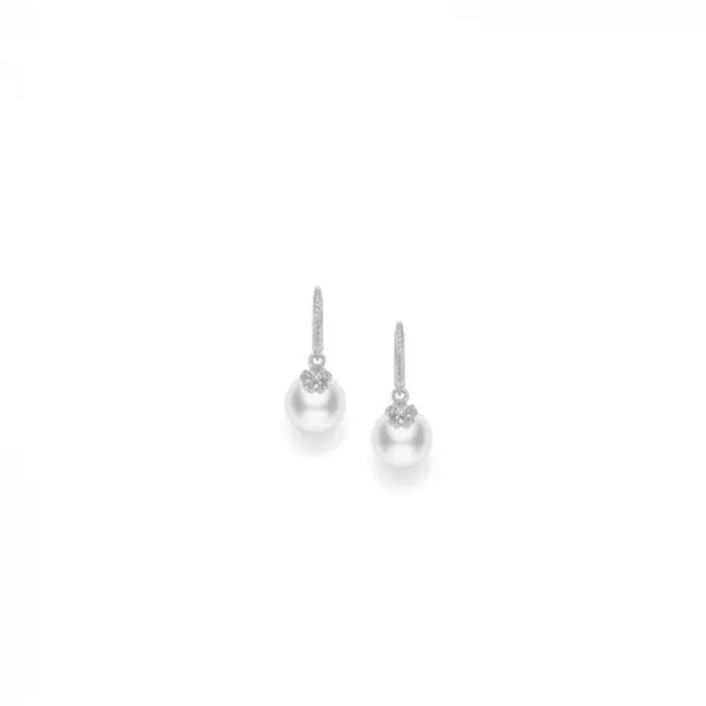 Mikimoto Cherry Blossom 18K White Gold Diamond with South Sea Pearl Drop Earrings