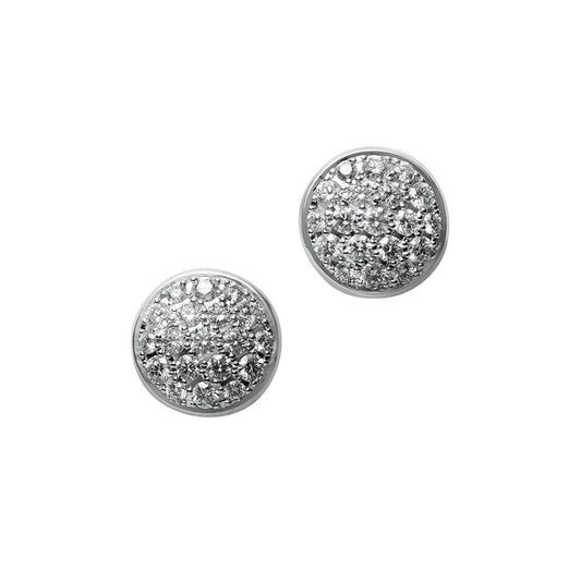 These exquisite Mikimoto 18K White Gold Diamond Circle Stud Earrings feature a round, silver-colored design with a textured, sparkling surface reminiscent of small crystal clusters. Crafted from white gold, they are perfect for complementing any attire and exude the elegance characteristic of fine Mikimoto jewelry.