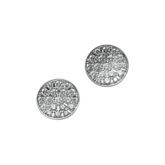 Close-up image of the Mikimoto 18K White Gold Diamond Circle Stud Earrings, showcasing their intricate designs that mimic clusters of tiny crystals. Crafted from 18 karat white gold, these earrings have a shiny, reflective surface that enhances their elegant appearance.