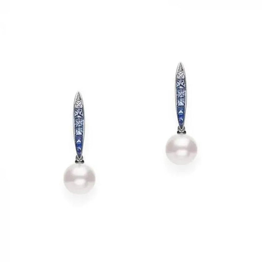 Mikimoto Ocean Collection 18K White Gold Sapphire with Akoya Cultured Pearl Drop Earrings