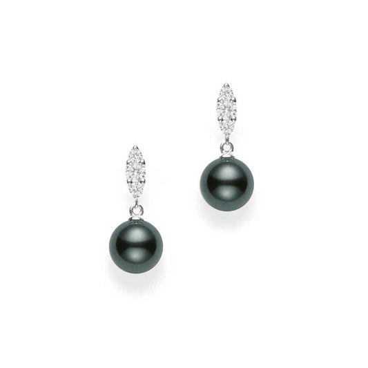 The Mikimoto Morning Dew 18K White Gold Diamond with Black South Sea Pearl Drop Earrings feature captivating black pearls elegantly suspended from a marquise-shaped cluster of small, sparkling diamonds. The design exudes simplicity and sophistication, beautifully combining the luxurious South Sea pearls with the brilliance of the gemstones.