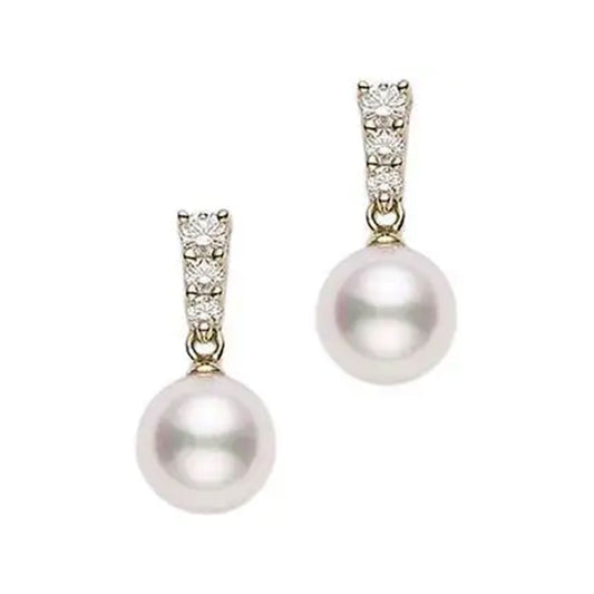 The Mikimoto Morning Dew 18K Yellow Gold Earrings showcase stunning diamond accents and sophisticated Akoya cultured pearl drops, all elegantly framed in a pristine white setting.