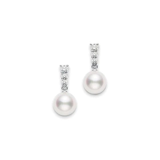 Introducing the Mikimoto Morning Dew 18K White Gold Diamonds with Akoya Cultured Pearl Drop Earrings—a stunning pair from Mikimoto, featuring luminous Akoya cultured pearl drops suspended from sparkling diamond studs, all beautifully set in 18k white gold.