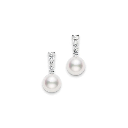 Introducing the Mikimoto Morning Dew 18K White Gold Diamonds with Akoya Cultured Pearl Drop Earrings—a stunning pair from Mikimoto, featuring luminous Akoya cultured pearl drops suspended from sparkling diamond studs, all beautifully set in 18k white gold.