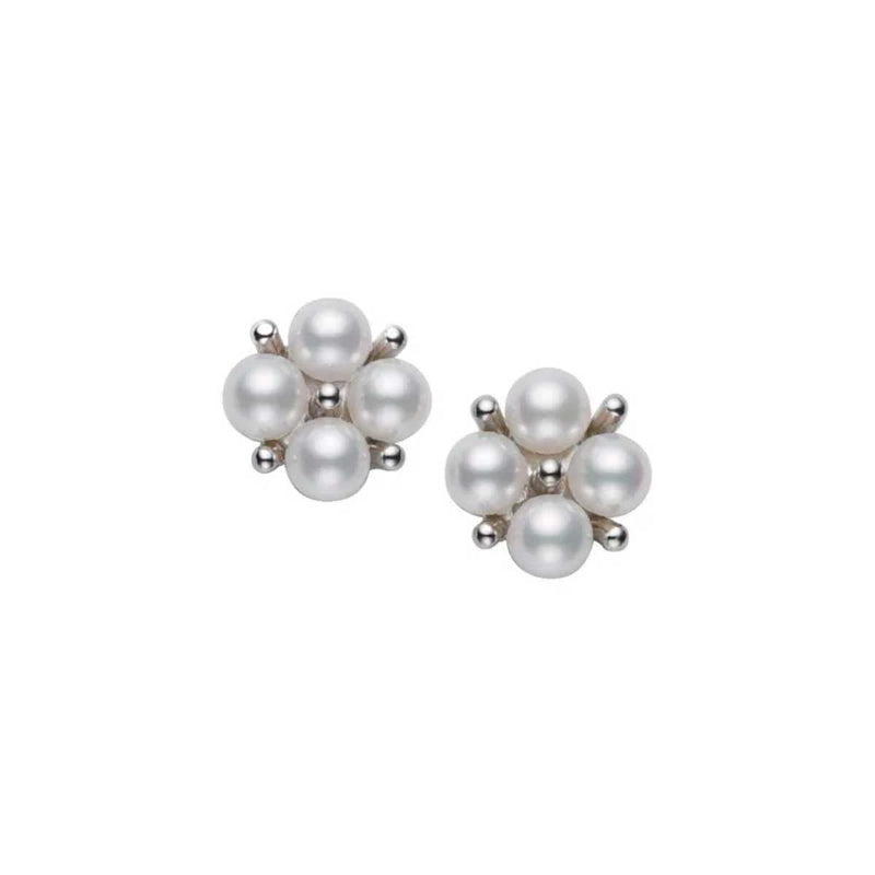 Introducing the Mikimoto 18K White Gold Akoya Cultured Pearl Stud Earrings: These exquisite earrings feature clusters of six Akoya cultured pearls, artistically arranged in a circular flower-like pattern with delicate metallic beads interspersed between them, all elegantly set in 18 karat white gold.