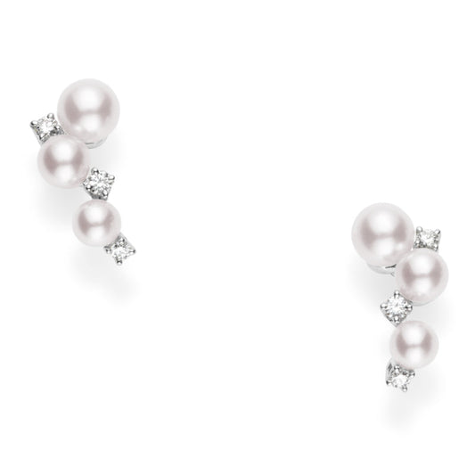 Mikimoto's Bubbles Collection 18K White Gold Diamond and Akoya Cultured Pearl Earrings showcase a stunning array of Akoya pearls interspersed with delicate diamonds on an elegant 18K white gold setting.