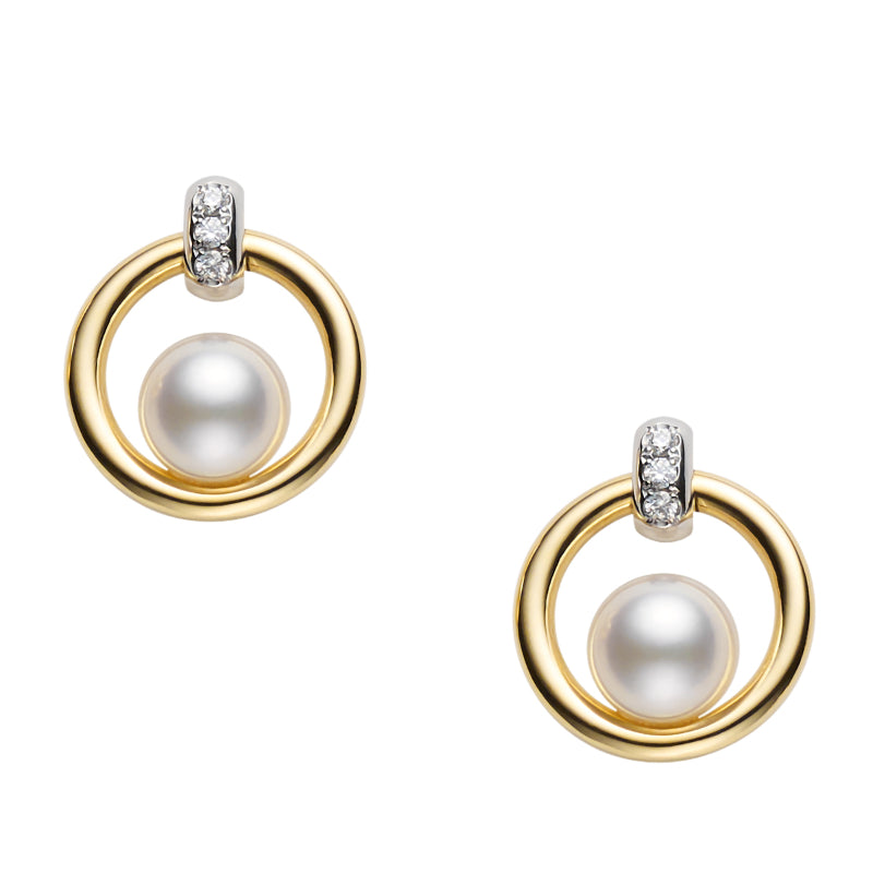 The Mikimoto 18K Yellow and White Gold Diamond Akoya Cultured Pearl Circle Earrings showcase a central Akoya pearl, enhanced with small, sparkling diamonds at the top.