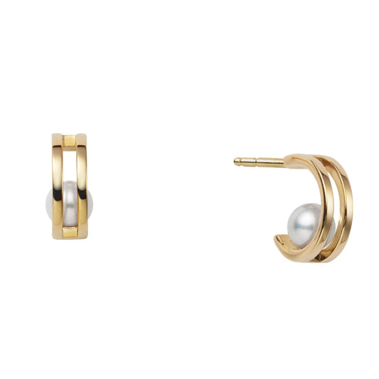 The Mikimoto 18K Yellow Gold Akoya Cultured Pearl Hoop Earrings highlight round Akoya cultured pearls elegantly nestled within a double-band hoop design. These earrings, crafted from 18K yellow gold by Mikimoto, are showcased from side and angled views against a pristine white background.