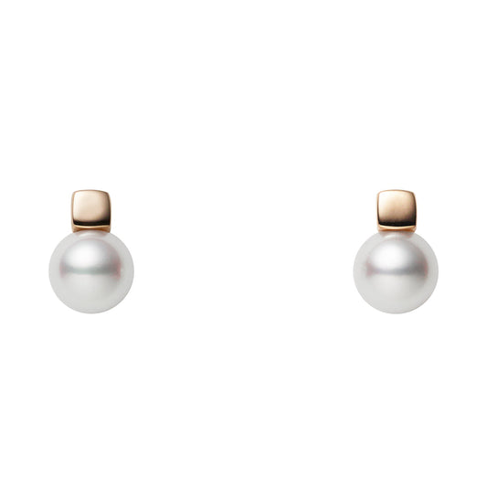 The Mikimoto 18K Yellow Gold Akoya Cultured Pearl Stud Earrings showcase a pair of round pearls with a smooth, shiny surface set on small metallic square studs, crafted in elegant 18 karat yellow gold.