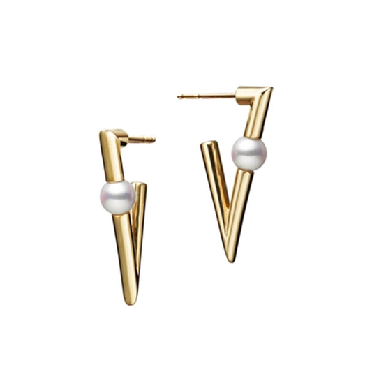 The Mikimoto V Code 18K Yellow Gold Pearl Hoop Earrings by Mikimoto feature a gold geometric design with an angular V-shape, each adorned with an Akoya cultured pearl accent. Crafted from 18K yellow gold, these earrings offer a sleek, modern appearance against a plain white background.