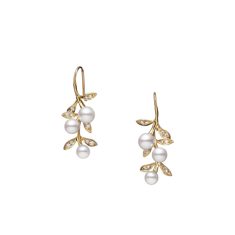 The Mikimoto Blossom 18K Yellow Gold Akoya Cultured Pearls with Diamonds Drop Earrings showcase a graceful branch-inspired design, beautifully crafted in 18k yellow gold and embellished with luminous Akoya cultured pearls and sparkling diamonds—an elegant addition to any Mikimoto pearl earrings collection.