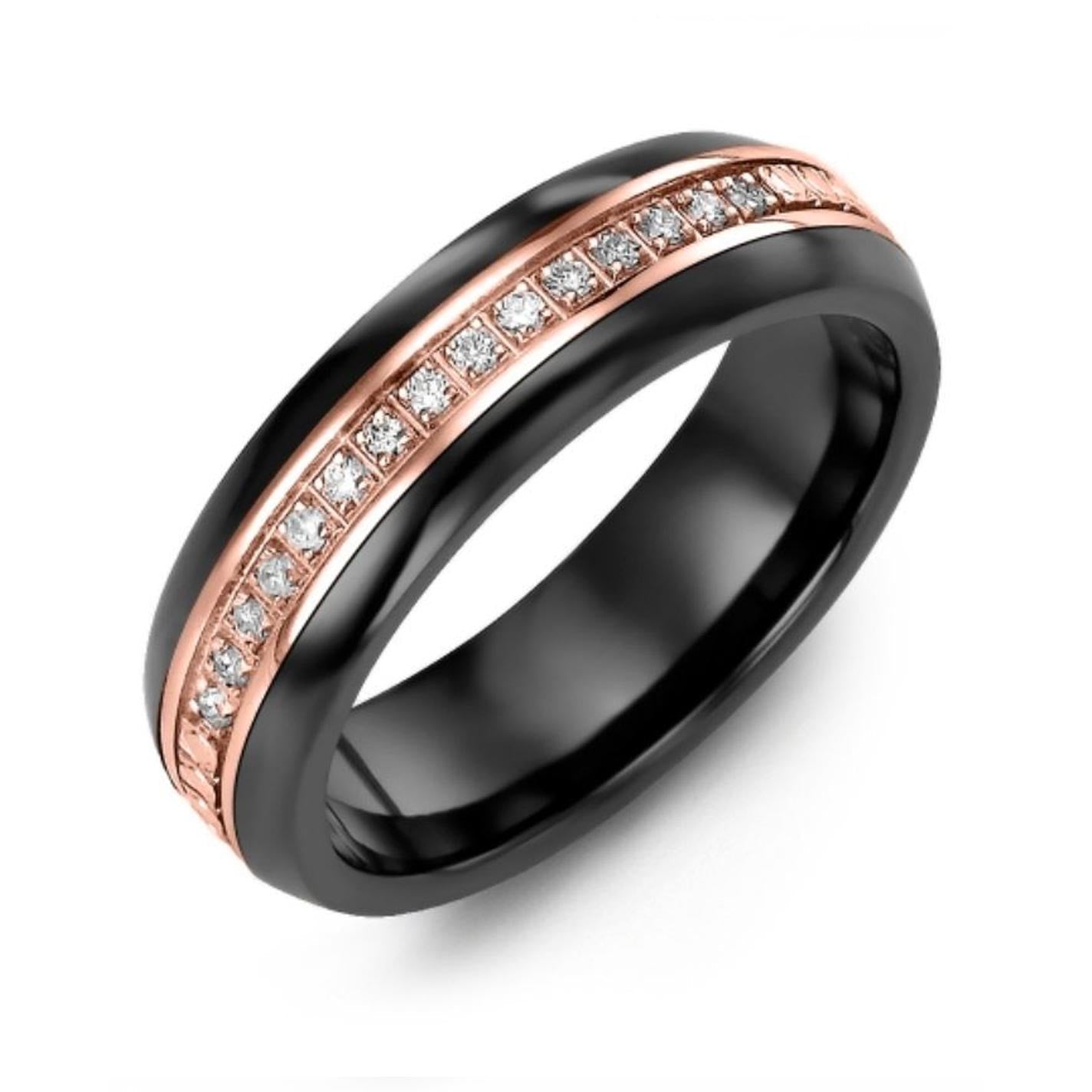 The Madani Black Ceramic and 18K Rose Gold Round Brilliant Eternity Diamond Wedding Band features a central strip of rose gold embedded with diamonds, creating an elegant and modern diamond wedding ring. Its sleek design exudes luxury and contemporary style.