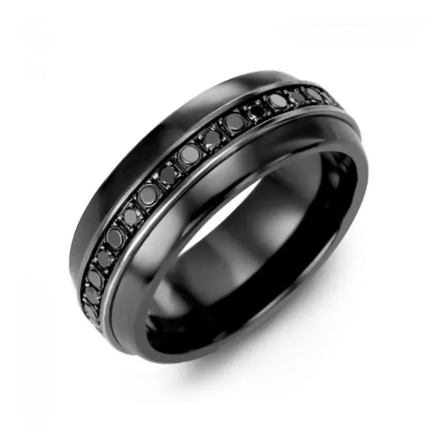 Introducing the Madani Illusion Black Ceramic and 10K Black Gold Wedding Band, a stunning piece featuring a sleek design with a central band of round brilliant black diamonds set in a continuous line. This bold and modern black diamond wedding ring by Madani is an ideal choice for those seeking elegance and style.