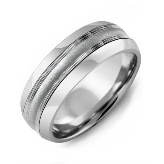 The Madani Concave Brushed Cobalt and 10K White Gold Wedding Band features a polished silver finish with a brushed horizontal stripe encircling its center, set against a plain white background.