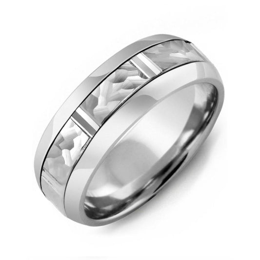 Introducing the Madani Tungsten and 10K White Gold Wedding Band, a masterful creation by Madani. This ring boasts a sleek, modern aesthetic with its contrasting matte and polished surfaces. The glossy finish is beautifully complemented by an inlay of white, textured material encircling the band, reminiscent of contemporary designs typically seen in tungsten wedding bands.