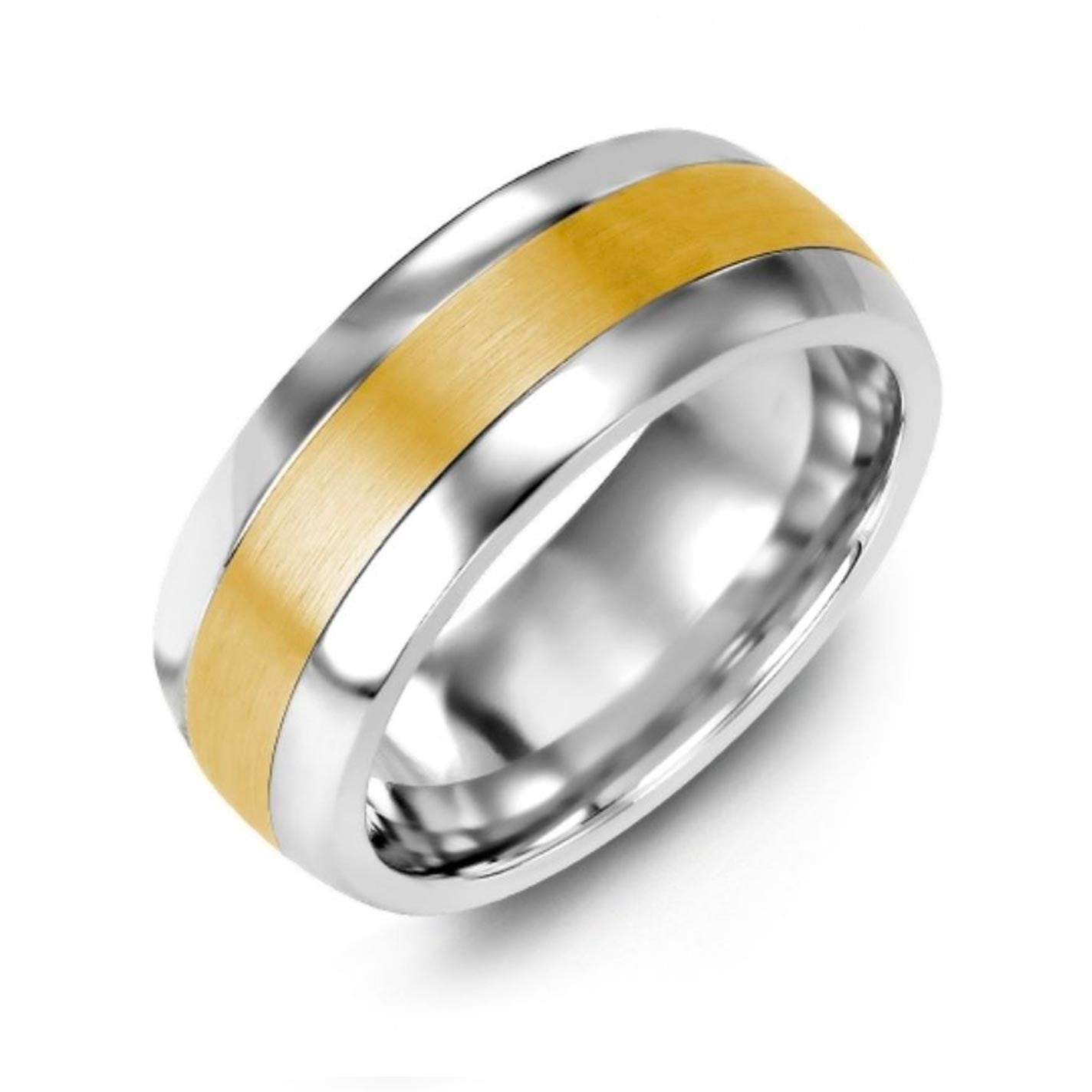 The "Madani Plain Dome Brush Tungsten and 10K Yellow Gold Wedding Band" by Madani is a silver ring with a central gold band, showcasing a brushed 10k yellow gold insert and a polished finish.