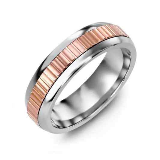 The Madani Cobalt and 10K Rose Gold Wedding Band features a striking central band of grooved 10k rose gold accents, beautifully set against a plain white background.