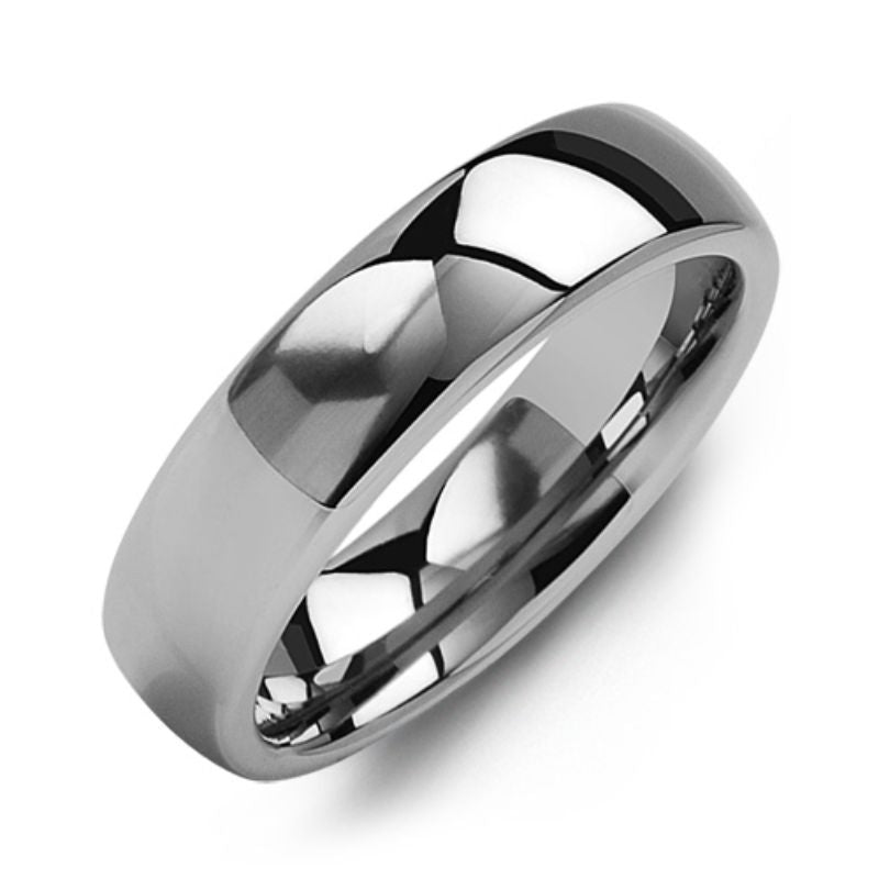 The Madani Classic Polished Tungsten Wedding Band, a sleek and contemporary designer ring, features a smooth, rounded band set against a plain white background.