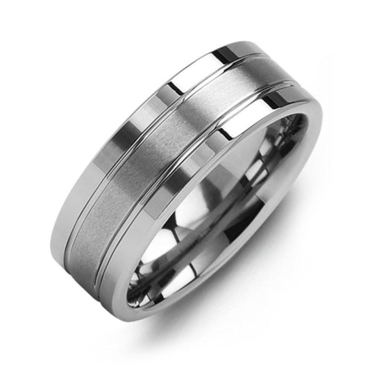 Madani presents the Triple Band Effect Tungsten Wedding Band, featuring a modern and minimalist design. This sleek ring boasts a polished silver-toned finish with grooved detailing, highlighting the reflective qualities of tungsten and showcasing a subtle triple-band effect.