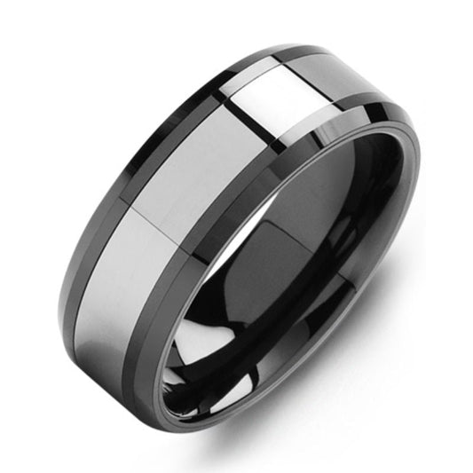 The Madani Beveled Polished Black Ceramic and Tungsten Wedding Band is a sleek ring with a high-polished finish. Its smooth, glossy surface and beveled edges deliver a reflective, mirror-like quality that enhances its modern design, making it an ideal accessory for both professional and casual wear.